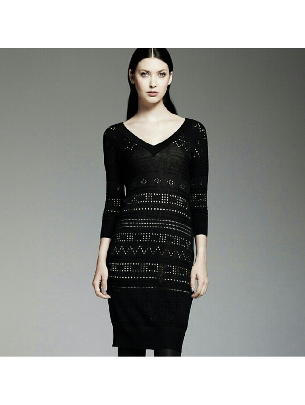 Catherine Malandrino Black Mesh Pointelle Knit V-Neck Midi Sweaterdress Small